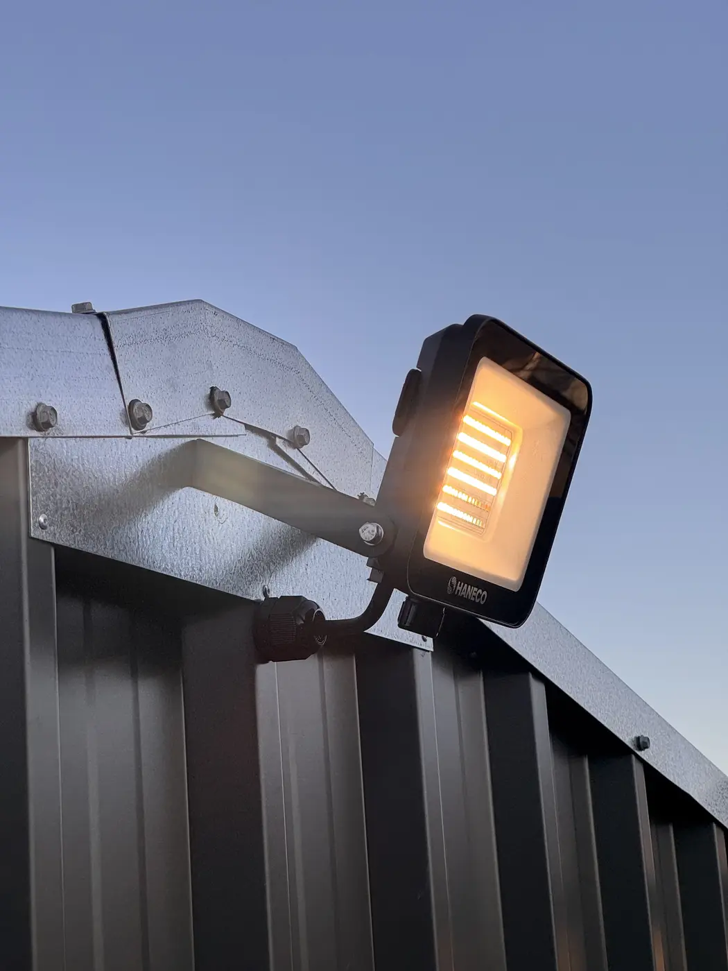 LED security floodlight on a shed